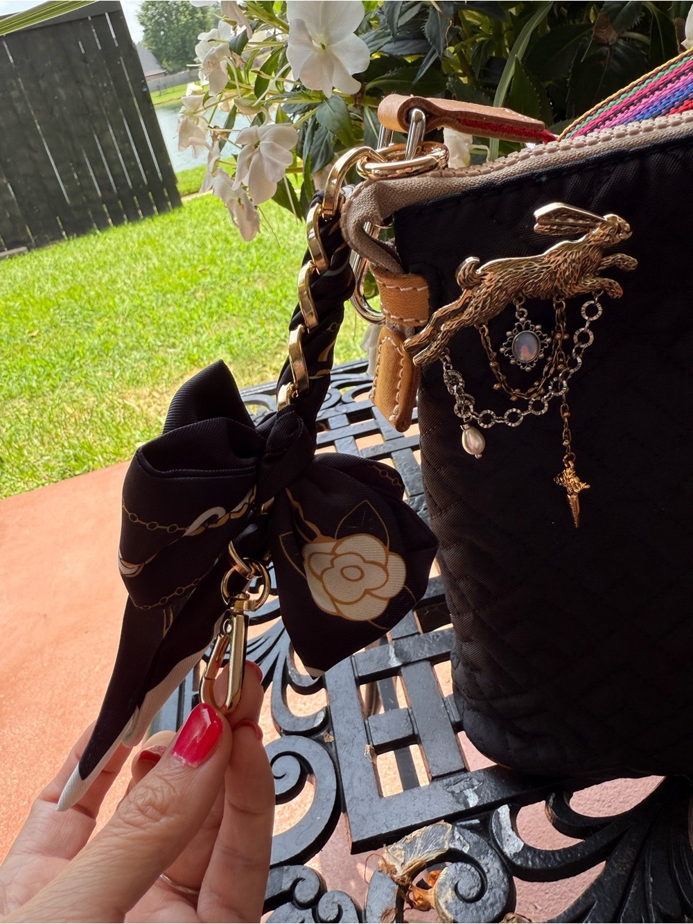 Consuela Black Quilted Crossbody Clutch Rainbow Strap EUC + Accessories - Picture 3 of 13